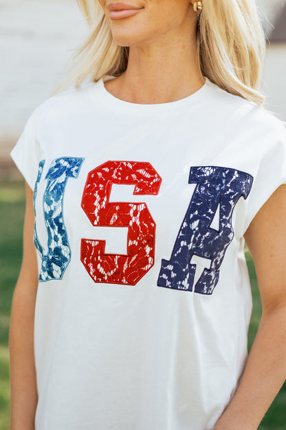 USA Lace Letter Dolman Tee Flag Day July 4th Top