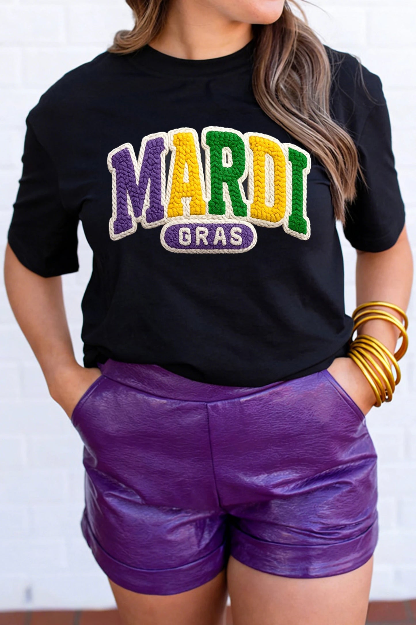 Black Mardi Gras Faux Yarn Letter Graphic Tee