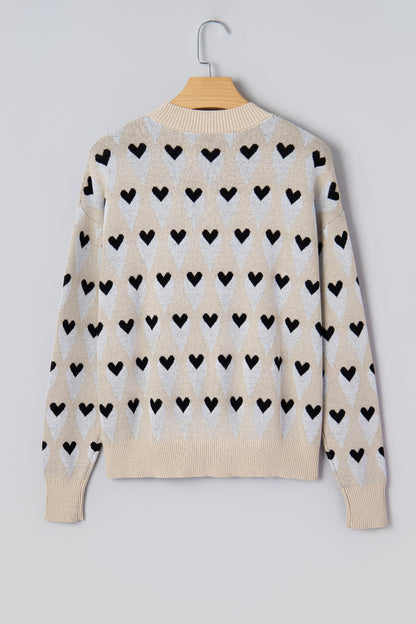 Valentine Heart Print Cozy Knit Loose Fit Sweater