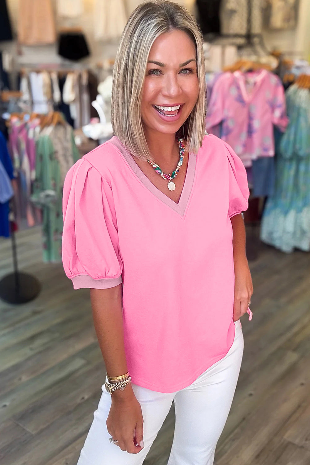 Womens V Neck Puff Sleeve Blouse Lightweight Casual Top