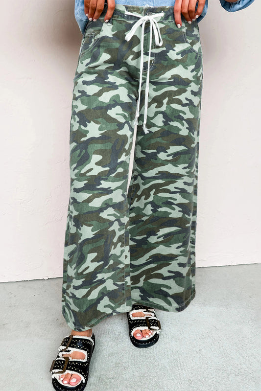 Green Camo Print Wide Leg Drawstring Denim Pants