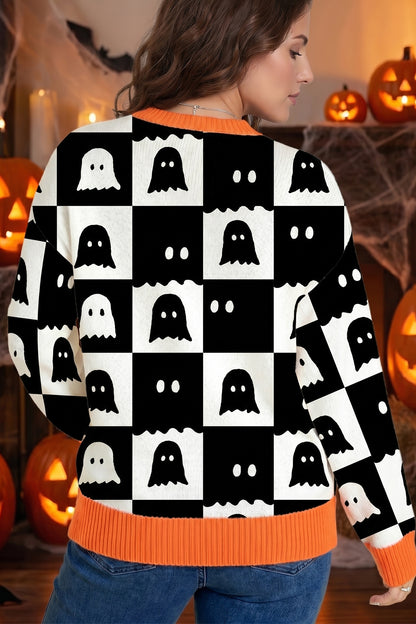 Halloween Ghost Print Checkerboard Knit Sweater