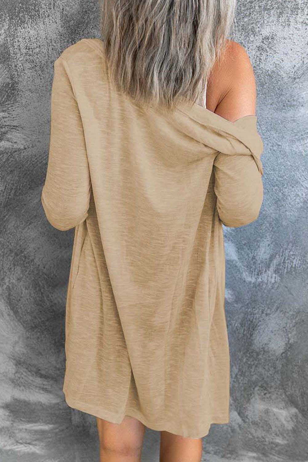 Beige Solid Color Open-Front Buttons Cardigan