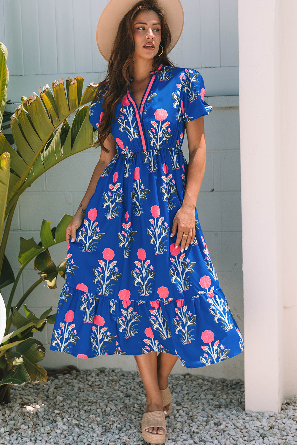 White Floral Contrast Trim V Neck Maxi Dress