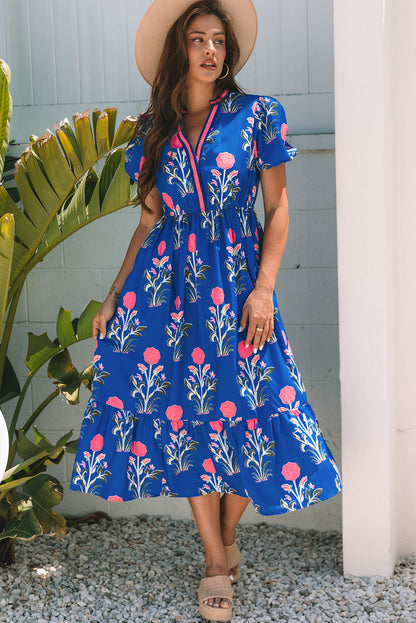 White Floral Contrast Trim V Neck Maxi Dress