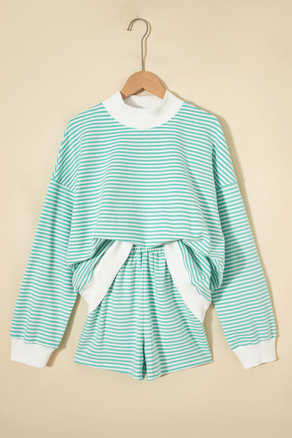 Pink Stripe Oversized Mock Neck Sweatshirt Shorts Set