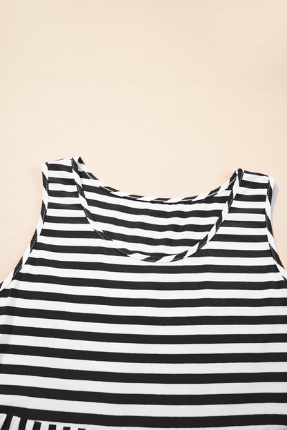 Black White Stripe U-Neck Sleeveless Loose Mini Dress