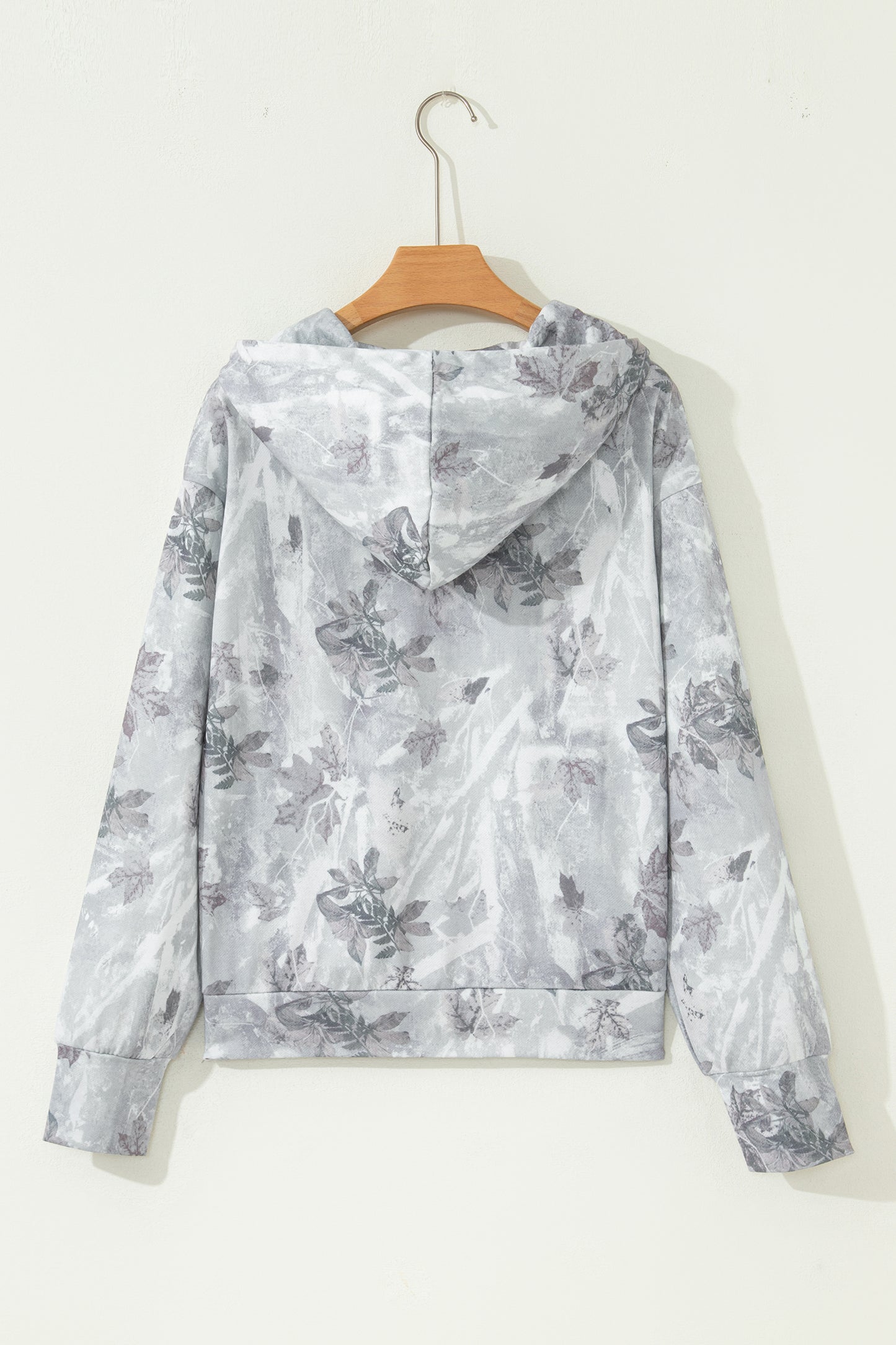 Gray Camo Leaf Print Quarter Zip Hoodie with Pocket