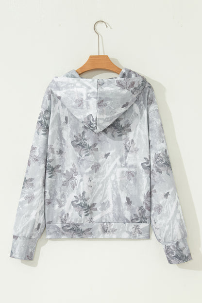 Gray Camo Leaf Print Quarter Zip Hoodie with Pocket
