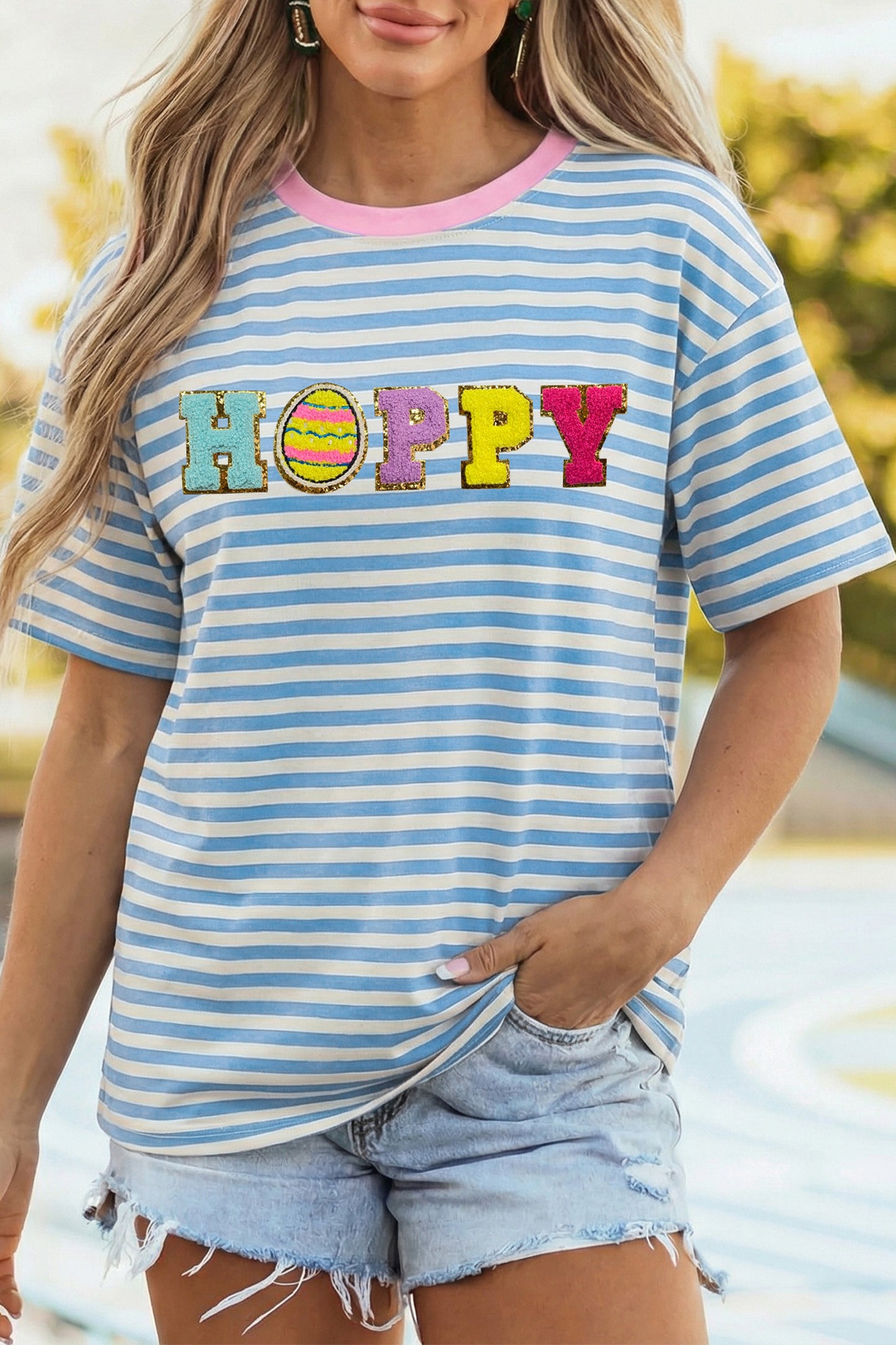 Blue Stripe Hoppy Easter Chenille Patch Graphic Tee