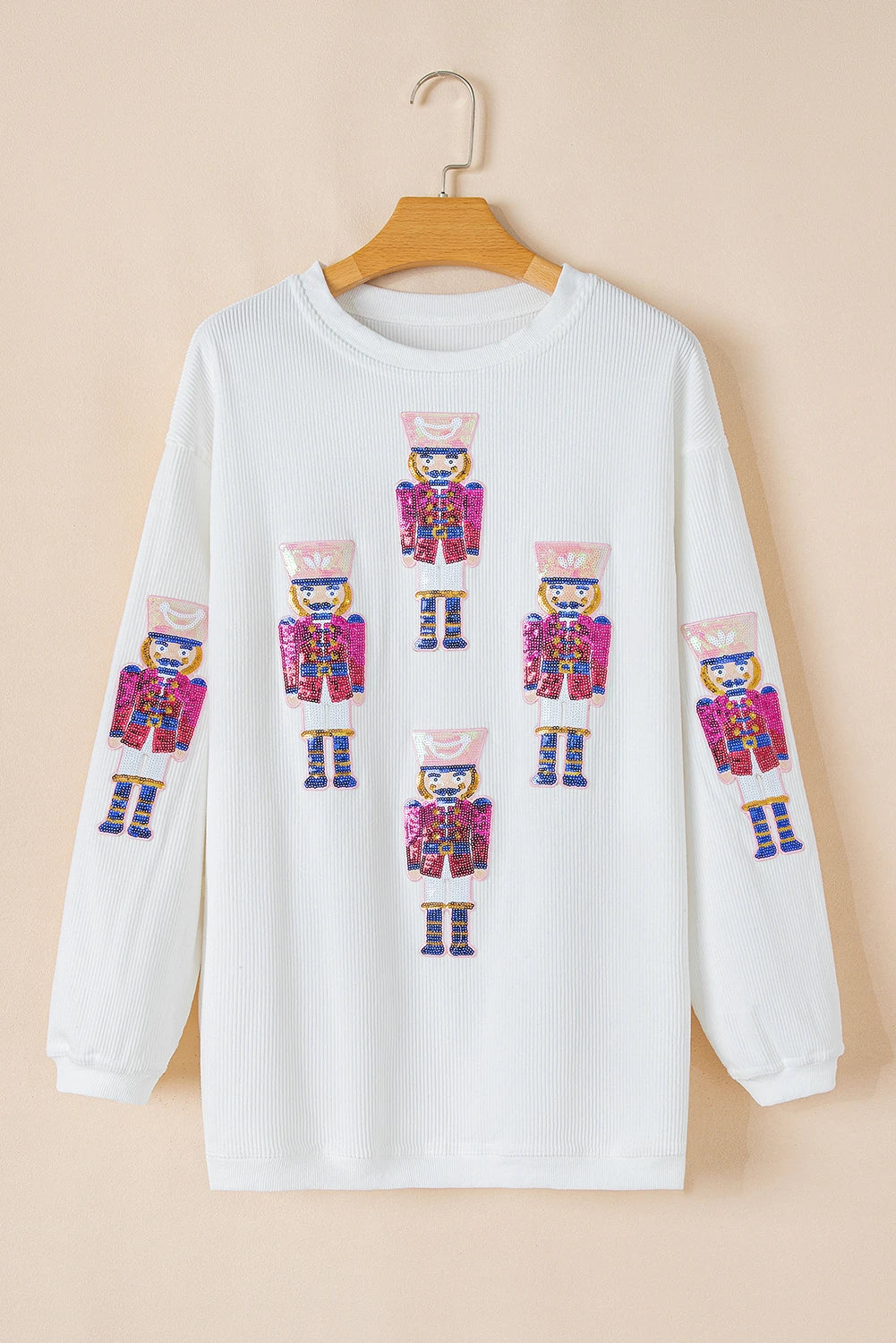 White Sequin Graphic Christmas Fashion Corded Sweatshirt