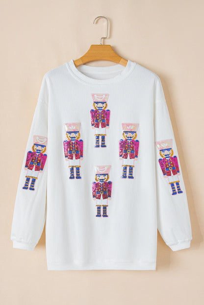 White Sequin Graphic Christmas Fashion Corded Sweatshirt