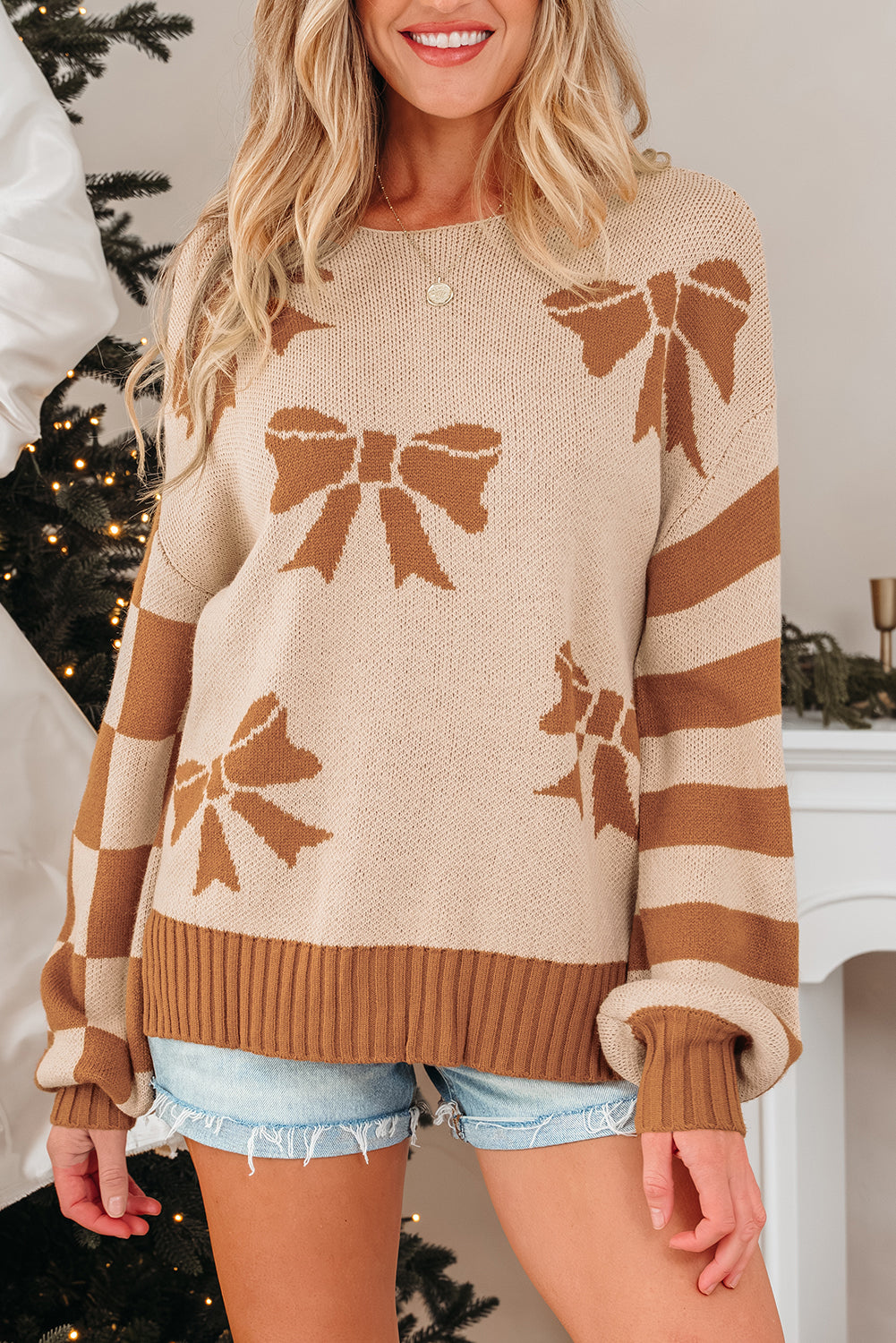 Bow Print Checkered Stripe Sleeve Drop Shoulder Sweater