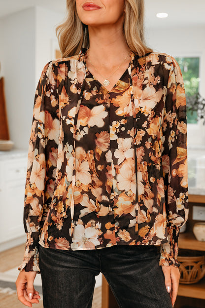 Black Floral Print V Neck Long Sleeve Smocked Cuff Blouse