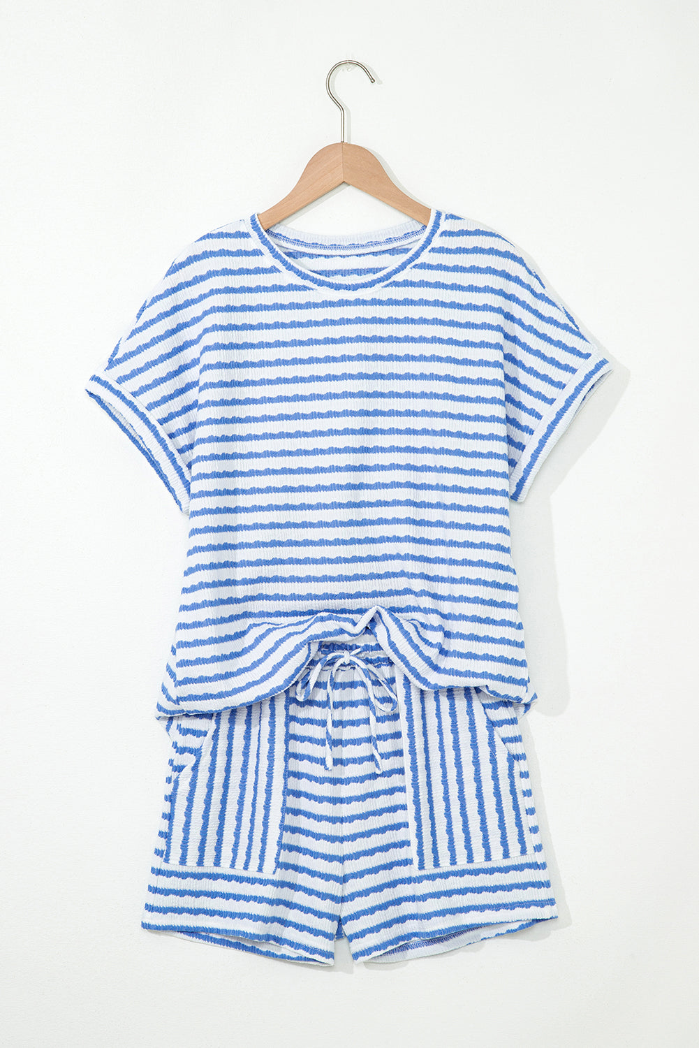 Pink Stripe Textured Knit Lounge Set Drawstring Shorts