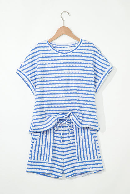 Pink Stripe Textured Knit Lounge Set Drawstring Shorts