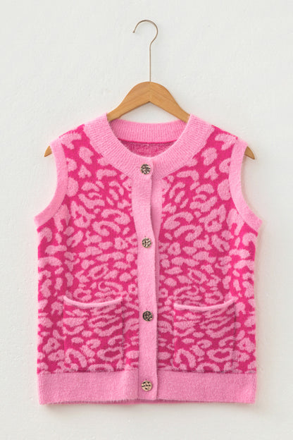 Western Leopard Print Knit Sweater Vest Button Cardigan