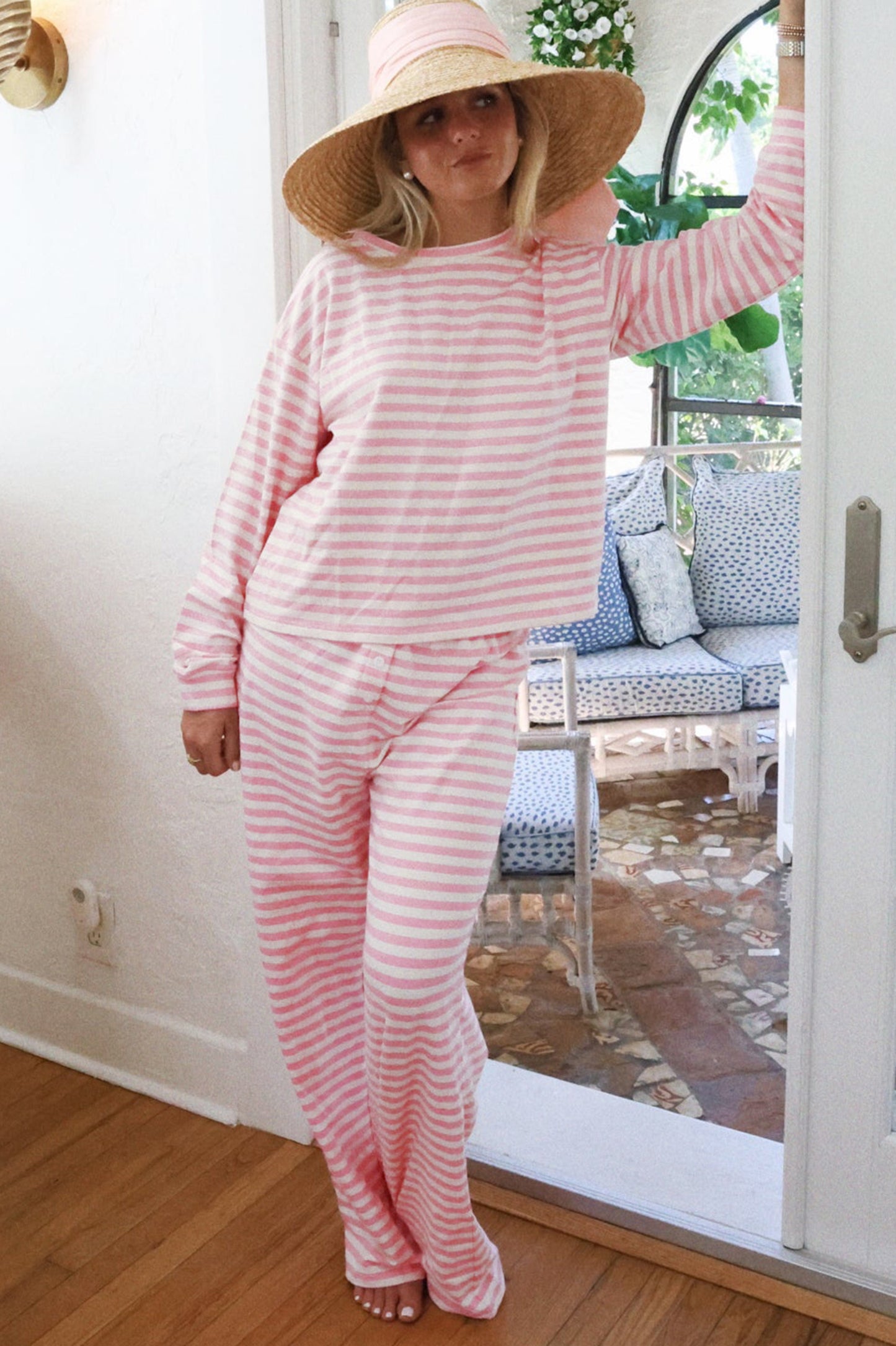 Striped Lounge Set Long Sleeve Top Wide Leg Pants