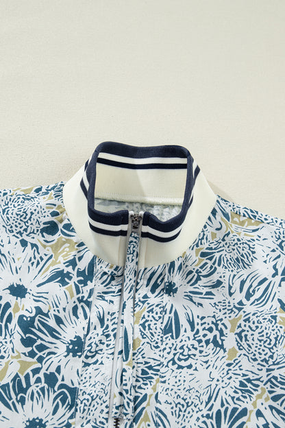 Blue Floral Zip Up Collared Mini Dress