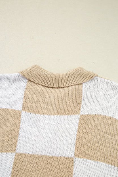 Checkered Polo Collar Loose Knit Sweater