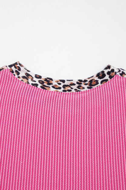 Leopard Trim Ribbed Short Sleeve Top and Shorts Set