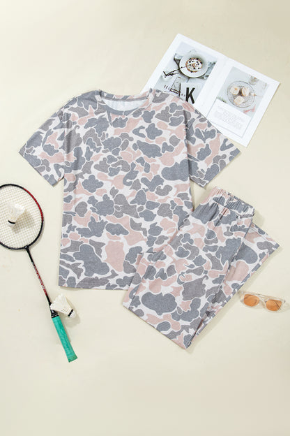 Camo Print Cotton Tee & Wide Leg Lounge Set