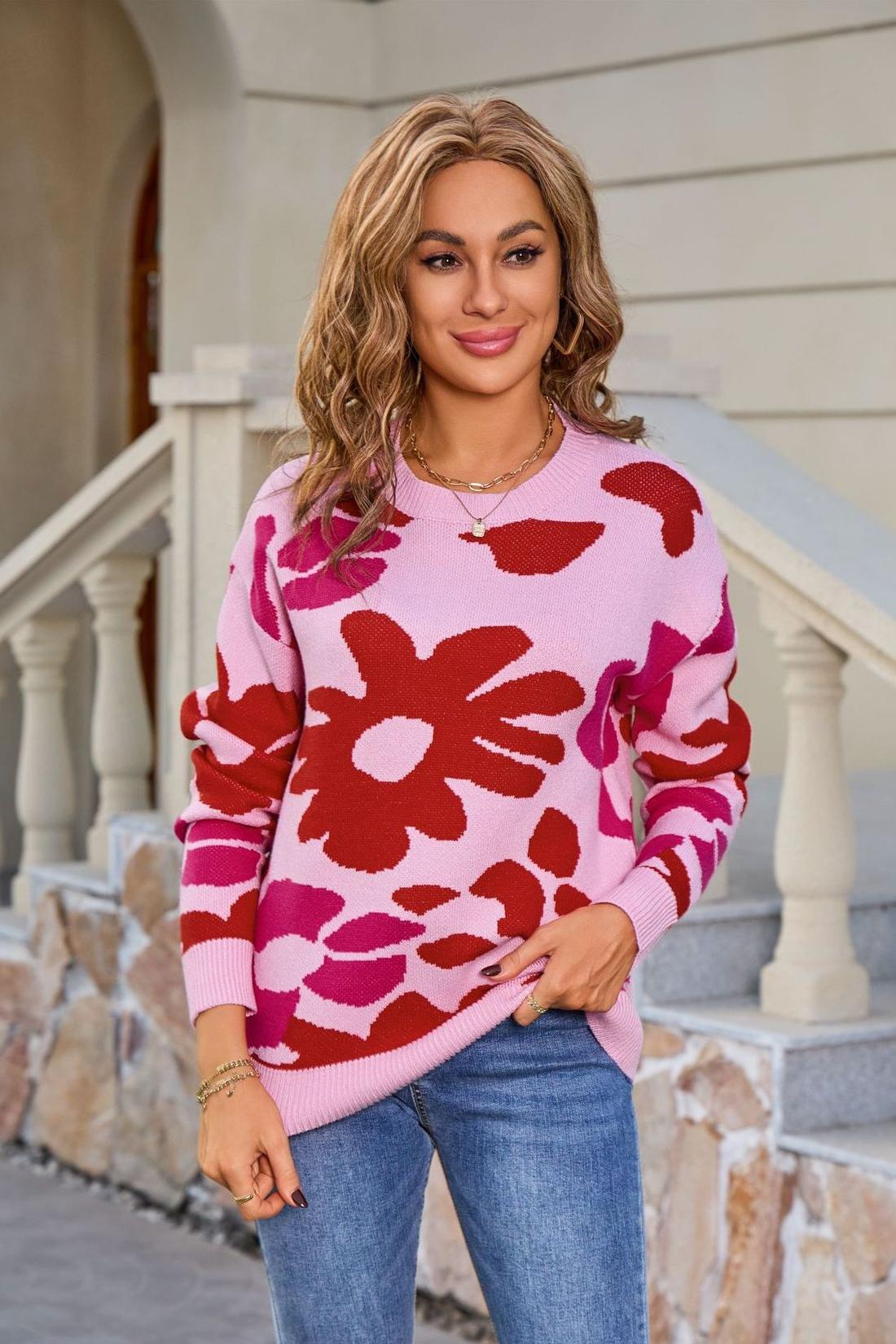 Bold Floral Print Pullover – Colorful Knit Sweater for Fall
