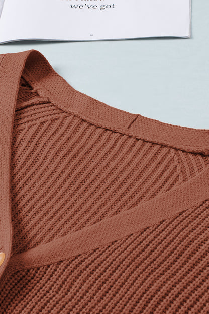 Pink Knit V Neck Bishop Sleeve Button Cardigan
