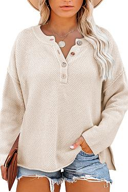 Women's Oversized Sweaters Batwing Long Sleeve Loose V Neck Button Henley Tops Pullover Knit