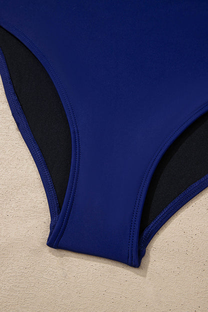 Black Color Block Detail Adjustable Straps One Piece Swimsuit