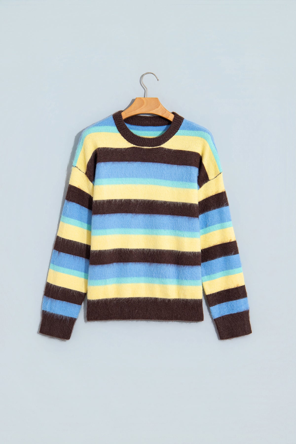 Multicolour Fuzzy Striped Knit Round Neck Casual Shift Sweater