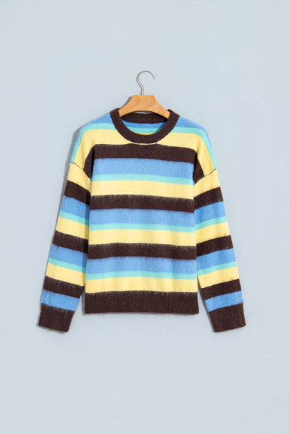 Multicolour Fuzzy Striped Knit Round Neck Casual Shift Sweater