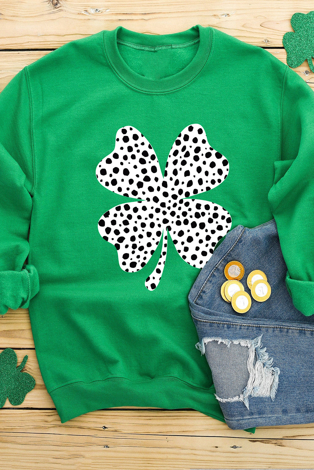 Dark Green Polka Dot Clover St Patrick’s Drop Shoulder Sweatshirt