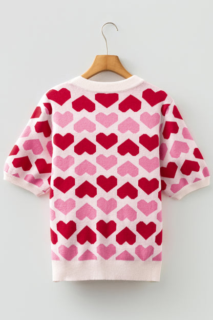 Pink Heart Print Short Sleeve Knit Sweater Valentine Top
