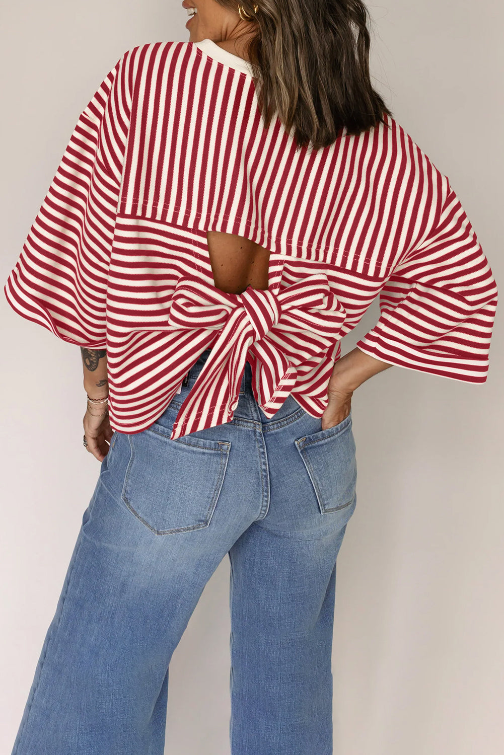 Red Stripe Bow Cutout Back Drop Shoulder Loose Tee