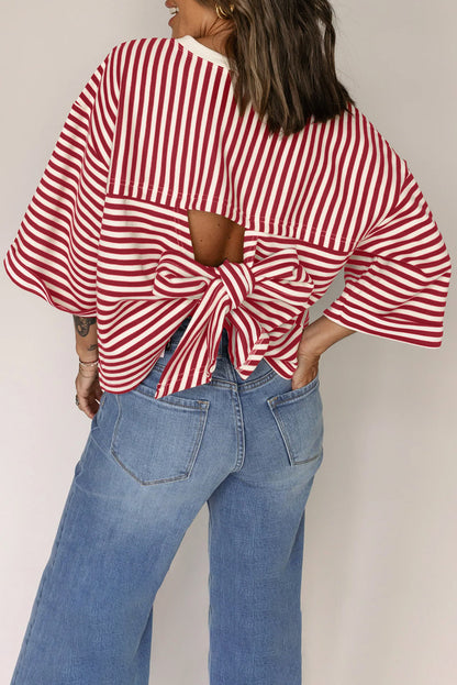 Red Stripe Bow Cutout Back Drop Shoulder Loose Tee