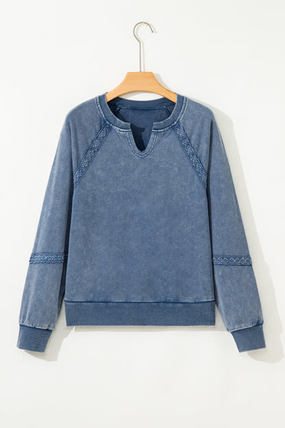 Lace Patchwork Notched Neck Mineral Wash Sweatshirt