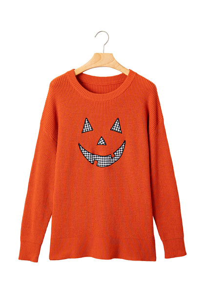 Orange Jack-O-Lantern Halloween Drop Shoulder Knit Sweater