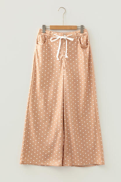 Khaki Polka Dot Drawstring Wide Leg Pants