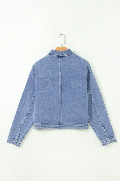 Pearl Studded Oversized Denim Zip Front Jacket