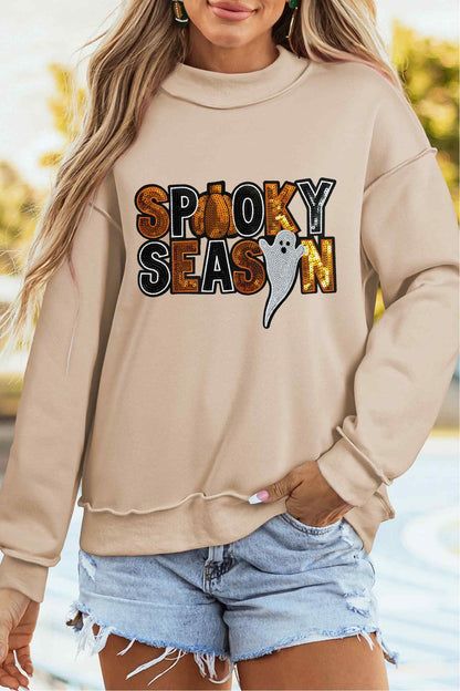 Sequin Spooky Season Ghost Mock Neck Halloween Sweatshirt