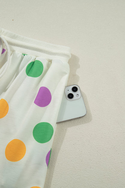 Pink Polka Dot Drop Shoulder Pullover Shorts Set