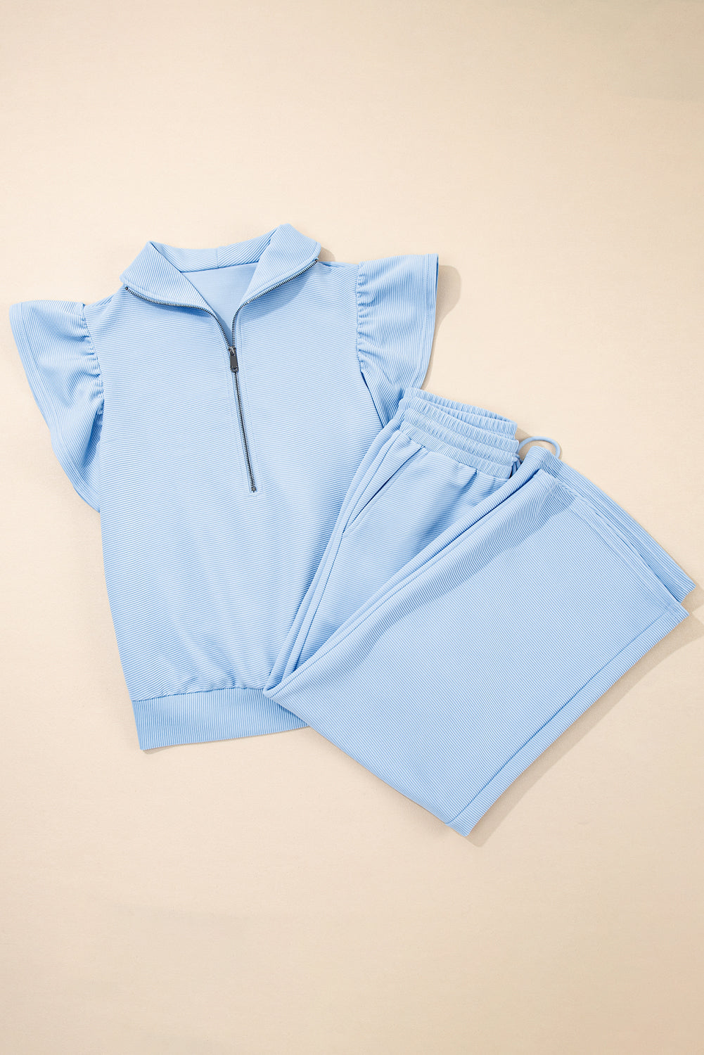 Textured Ruffle Sleeve Solid Color Two-Piece Set