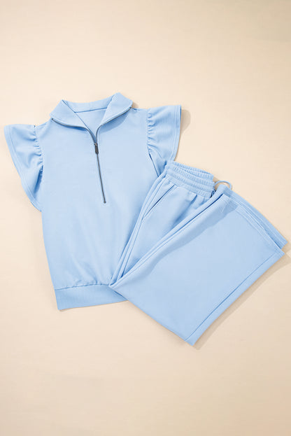 Textured Ruffle Sleeve Solid Color Two-Piece Set