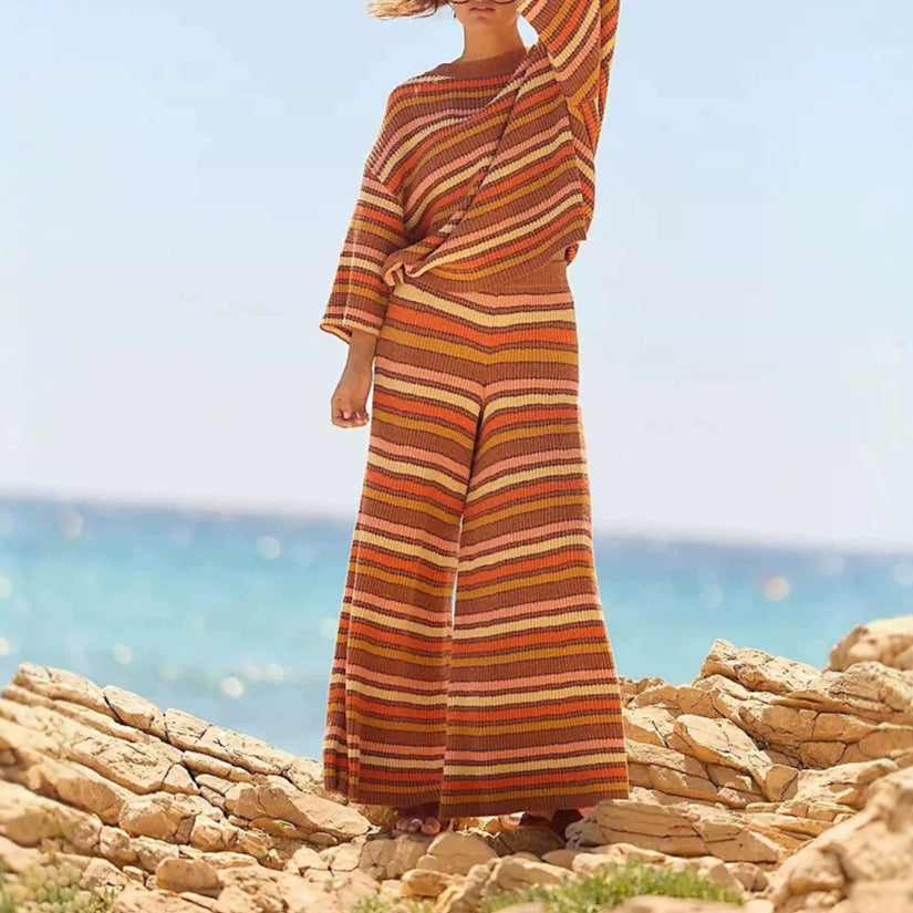 Boho Striped Knit Two Piece Set Wide Leg Pants