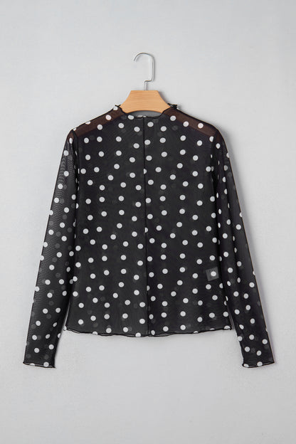 Black Polka Dot Mesh Mock Neck Long Sleeve Top
