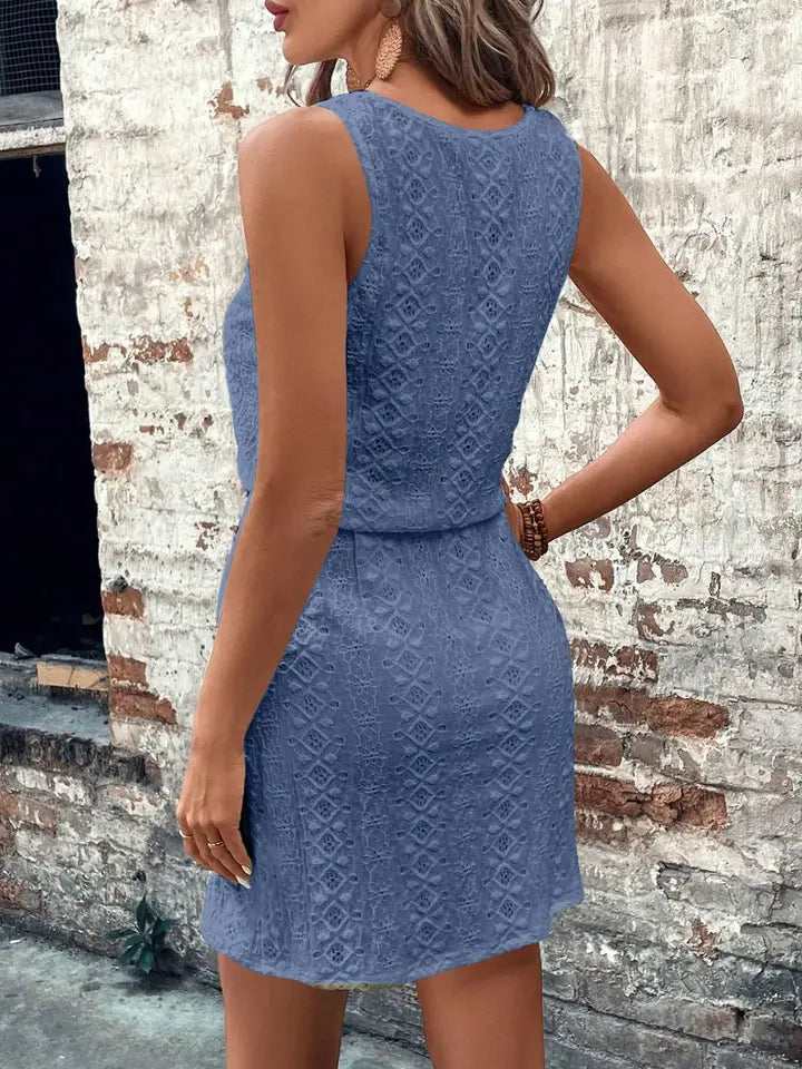 Dark Blue Lace Square Neck Drawstring Sleeveless Dress