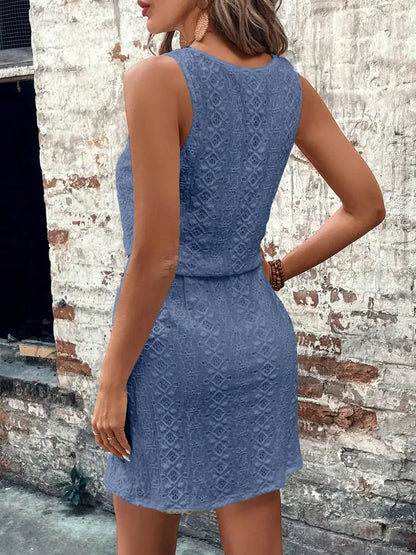 Dark Blue Lace Square Neck Drawstring Sleeveless Dress