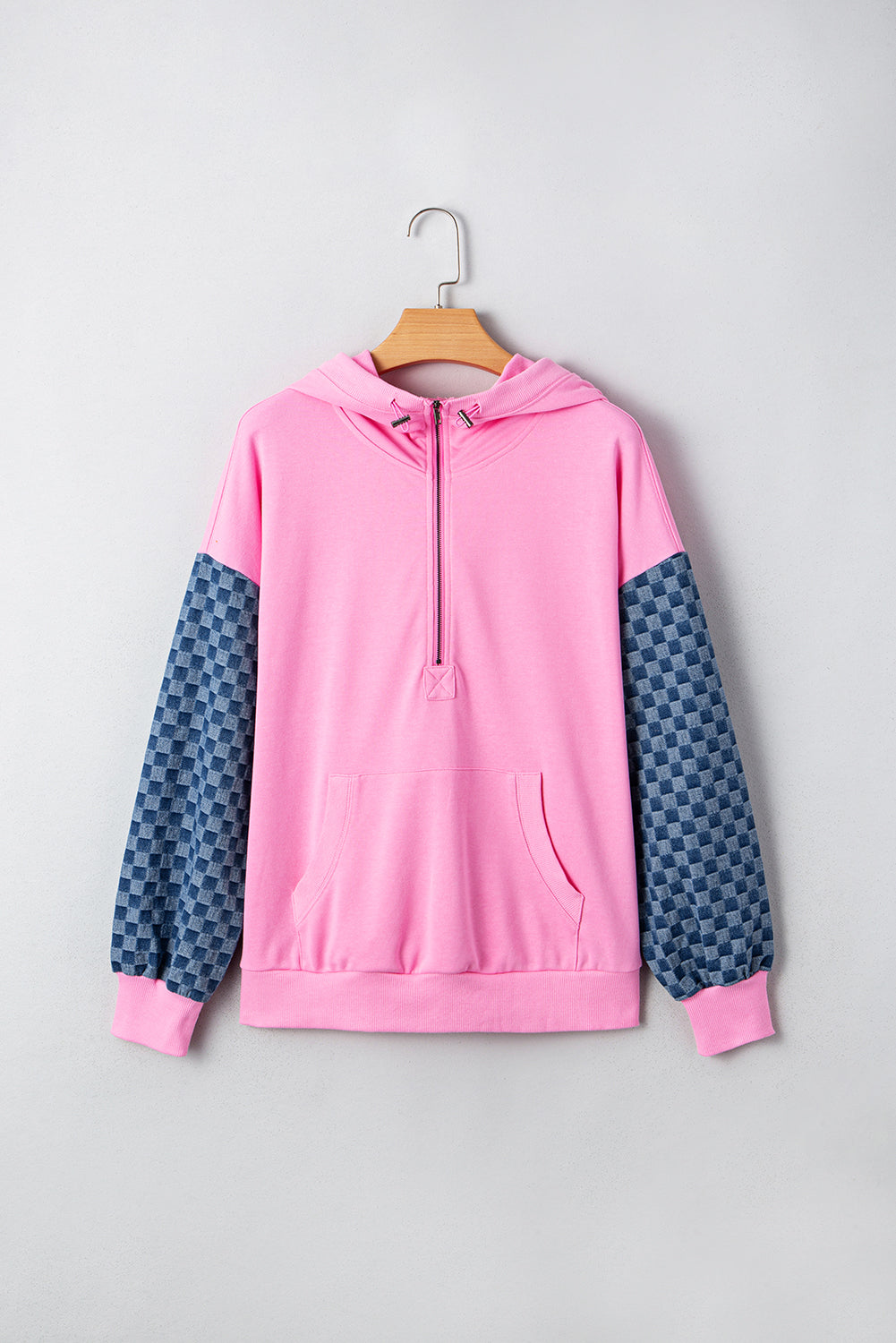 Bonbon Checkered Patchwork Half Zip Hoodie with Pocket