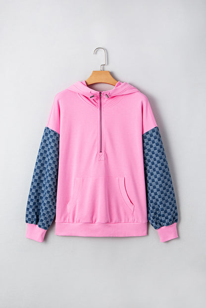Bonbon Checkered Patchwork Half Zip Hoodie with Pocket